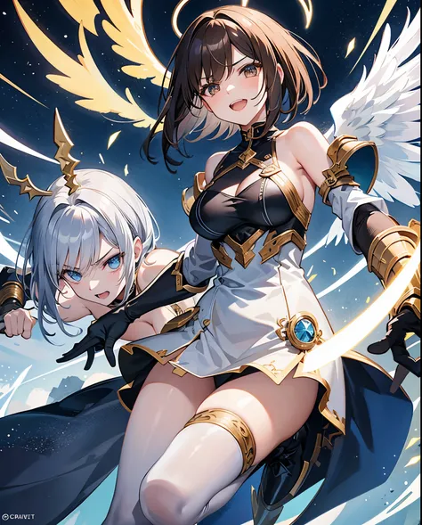 fantasy, 1angel_girl,, ,brown_hair, medium_bob_hair, long_bangs, halo,bare_shoulder,thighhighs,silver_armor, waist_armor, large_breasts,angry,grinning,open_mouth_teeth, 1pair_wings, dynamic_pose_fighting,floating, bare_crotch, headgear,gauntlet, greaves,ci...