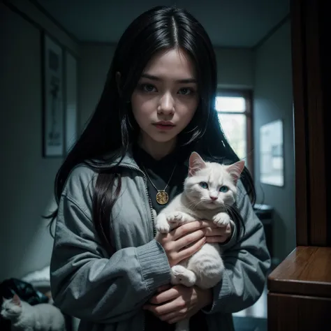 Hyper-beautiful Cheshire cyberpunk girl with a white kitten in her hands, cinematic horror, a mystic, realistic photography, silver gold threads, dim lighting, RAW Photography