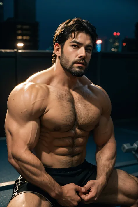 (ultra realistic, ultra detailed, 8k resolution) a white 30-year old Turkish-German man, long-length layered black hair, thick medium beard, brown eyes, body hair, handsome, muscular guy, broad shoulders, huge chest, huge biceps, huge muscles, bodybuilder,...