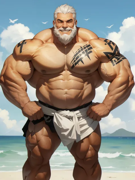 solo, 1boy, 1man, muscular old man (short and white hair), tattoo, fullbody tattoo, white beard, standing on beach, smile, focus eyes, detailed ,really big muscle, bigger muscle, very big muscular, over sized muscle, absurdly muscle size, absurd muscle siz...