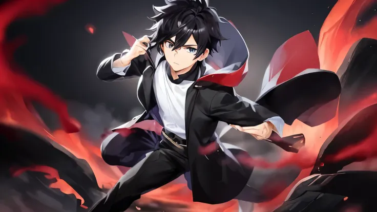 black hair、white shirt、Anime character wearing black pants, handsome anime pose, Genshin Impact Kechin, anime moe art style, anime youth, genshin characters, epic anime style, High quality anime art style, 4k manga wallpaper, Demon slayer art handsome man,...