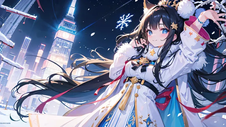 Create a widescreen image featuring a winter-themed anime girl. she has been for a long time, He has black hair and is decorated with star decorations.. in the background, Tokyo Tower can be clearly seen, Adding to the urban winter atmosphere. The scene is...