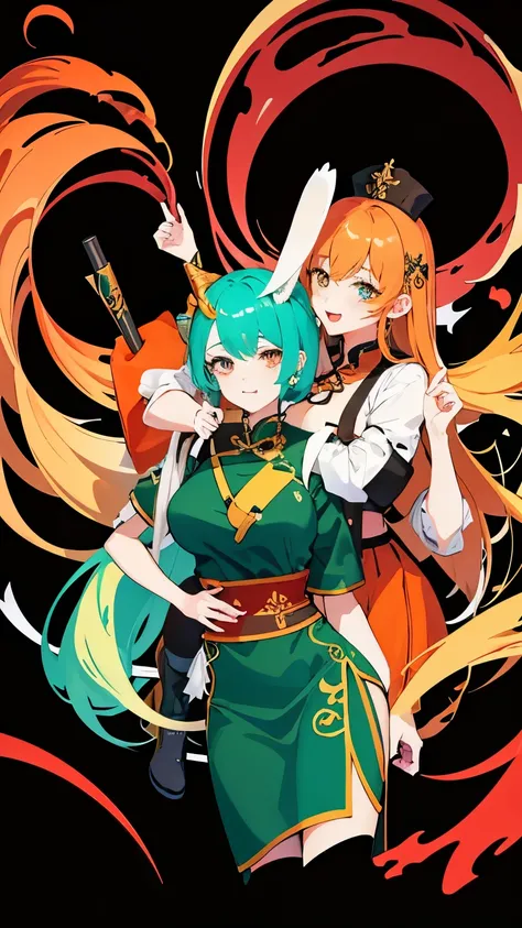 2girls,girlA：（Orange hair，dragon horn，blue eyes，Brown cheongsam，Medium chest，Roll your eyes，stick out tongue，complexion，Grab B&#39;s left hand with your right hand,Put your left hand into B’s cheongsam，Stand behind B），girlB：（Light green hair，dragon horn，Da...