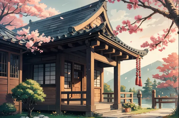 Painting of a whimsical wuxia palace, small colorful cherry blossoms, Sunkissed lighting, rainy day, beautiful art uhd 8k, a beautiful artwork illustration, beautiful digital painting, highly detailed digital painting, beautiful digital artwork, a detailed...