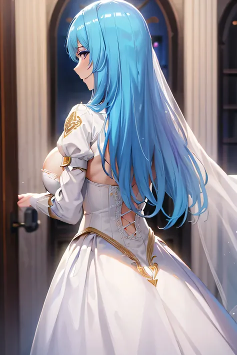 (highest quality:1.4), unreal engine,Rear view,white wedding dress,masterpiece, super resolution, very detailed, 1 female,big breasts, waist, thin, (muscular:0.8) blue hair,purple eyes , (cleavage,: 0.8) round chest, big breasts, (smile:1.1),in the bedroom