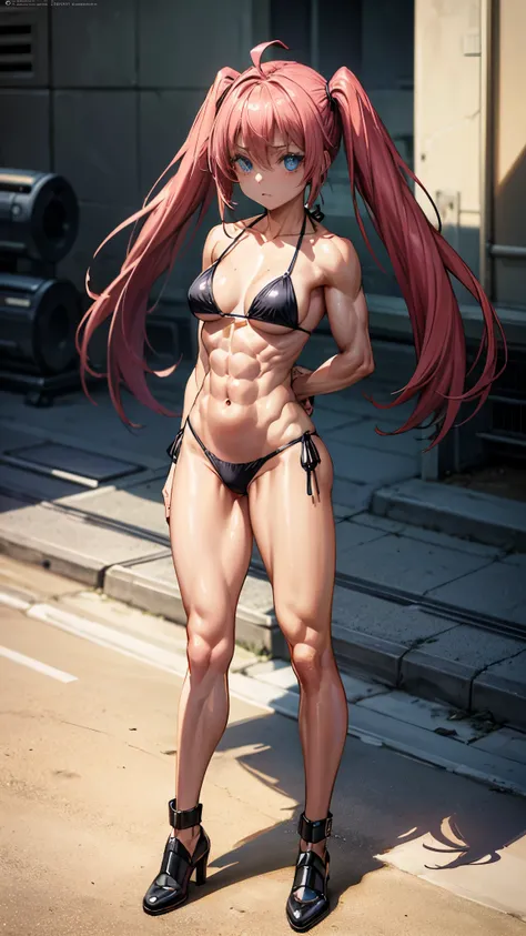 1 girl, (medium breasts))), (((wearing short bikini))), (long pink hair), (((blue eyes))), Thin arms, (on the beach in the hot sun), (thin waist) , (((muscular legs))), muscular belly, wearing a black high heel shoe, (((full body photo))), standing, (twint...