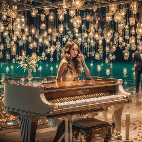 Lola Astanova, a renomada pianista, ((fechar na pianista)), faz show para milhares de pessoas em Porto Seguro, in Sancho Bay. The piano floats gracefully over the crystal clear waters of the sea, while the tables and stage are adorned with a profusion of c...