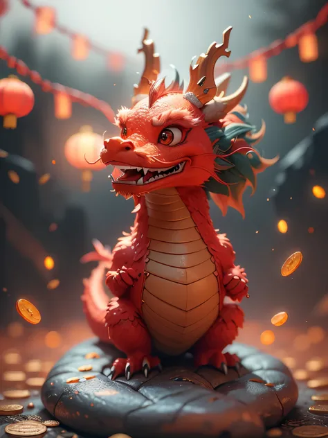 q version，chinese dragon with smile，petite，cute and cute，modeled with clay，festive red hue，placed in a 3d scene in a minimalist ...