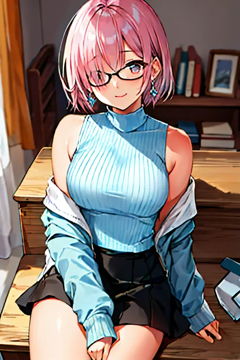 masterpiece, high quality, highres, mash kyrielight,  indoors, cowboy shot, black skirt,  shirt, off shoulder, off-shoulder swea...