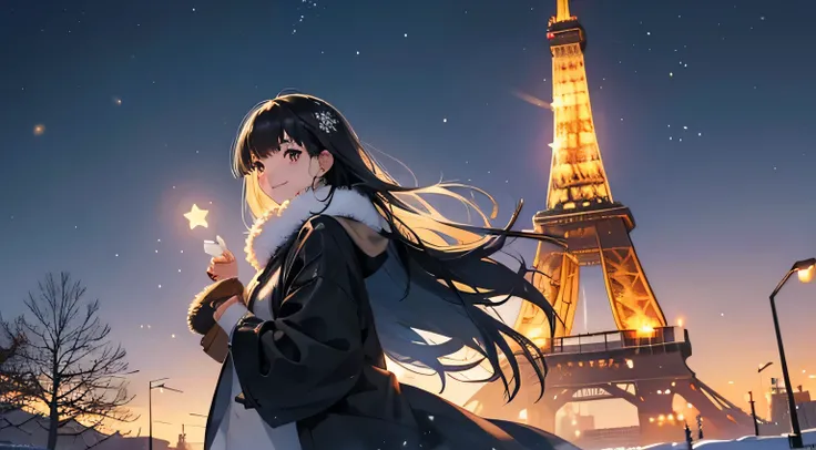 Create a widescreen image featuring a winter-themed anime girl. she has been for a long time, He has black hair and is decorated with star decorations.. in the background, Tokyo Tower can be clearly seen, Adding to the urban winter atmosphere. The scene is...