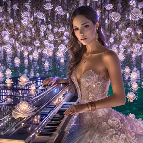 Lola Astanova, a renomada pianista, ((close na pianista)), performs a show for thousands of people in Porto Seguro, in Sancho Bay. The piano floats gracefully over the crystal clear waters of the sea, while tables and stage are adorned with a profusion of ...