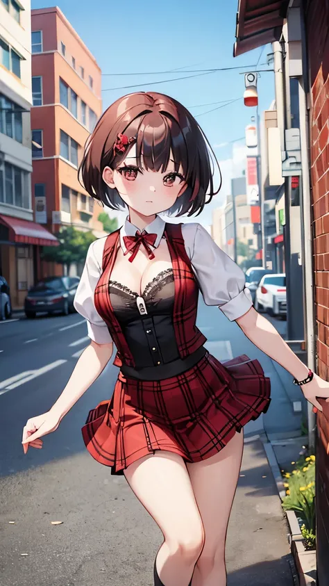 Red and black plaid mini skirt、White lace blouse、Red vest、black very short hair、small breasts、cleavage,pet collar、black eye