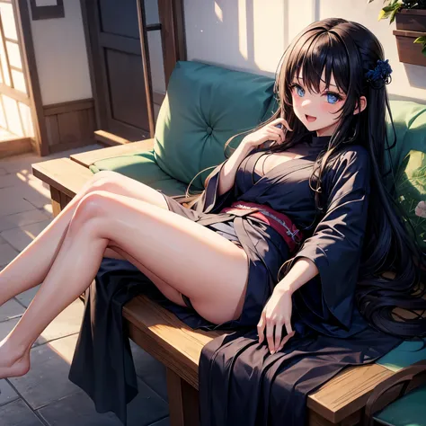 Masterpiece,best quality,anime girl,black hair, blue eyes, long hair, blushing, cute faces, black sweater,looking up,happy,solo,1girl,crotch wet,open mouth,kimono