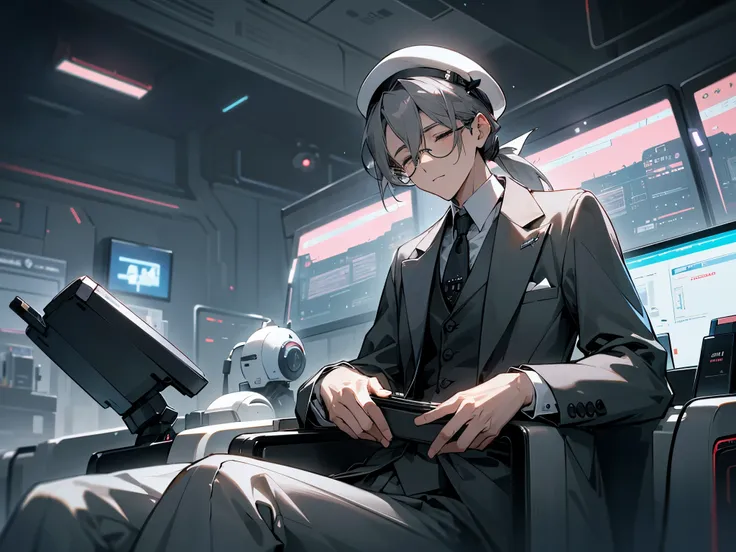 （muste piece）（High definition）20s male android、gray hair、ponytail、hat、Tuxedo、tie、wears round rimless glasses、sitting with eyes closed、Connected to the machine with multiple cables（charging）、background（An electronic world that feels like science fiction、A s...