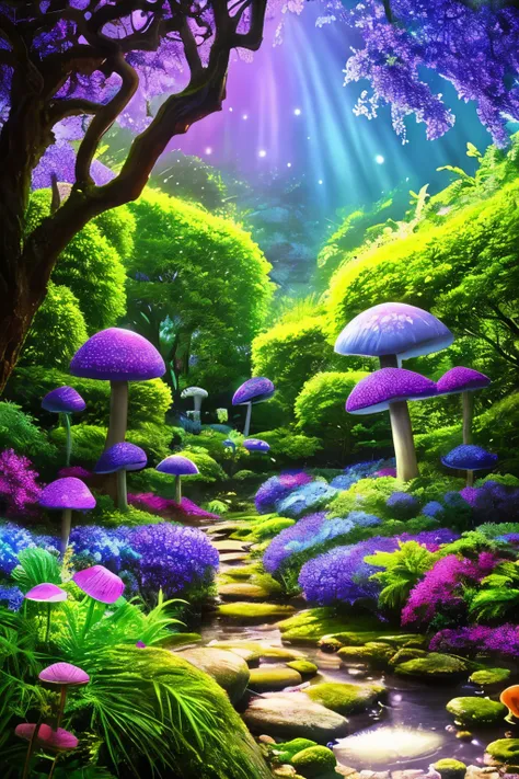 lush plantlife, extremely detailed, 8k, high quality, an enchanting and dreamy scene of fantasy/alien forest, glowing mushrooms, creating a sense of mystique and enchantment, award winning photography, lots of blues and purples, bioluminescence, garden, wa...