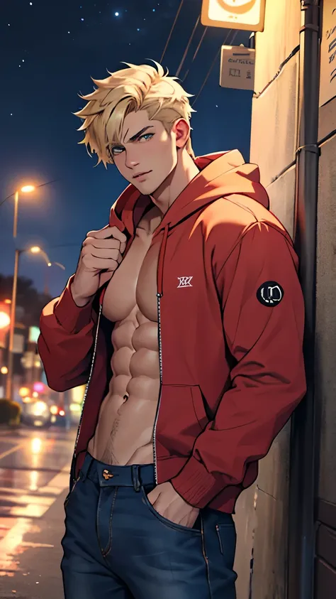 ((best quality)), ((Masterpiece)), (details), perfect face,high definition,Masterpiece,4k,detailsชัดเจน,,Ed,หน้าhandsome,white skin,blonde hair,perfect body,male body,strong muscles,wavy abdominal muscles,Abs,blue eyes,white skin,jeans,black bra neck,รองเc...