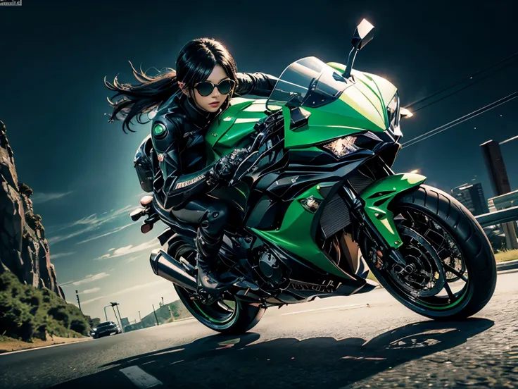 Rider lady, beautiful, short black hair, green motorider suit, busty, curvy, kawasaki ninja 250cc, highway