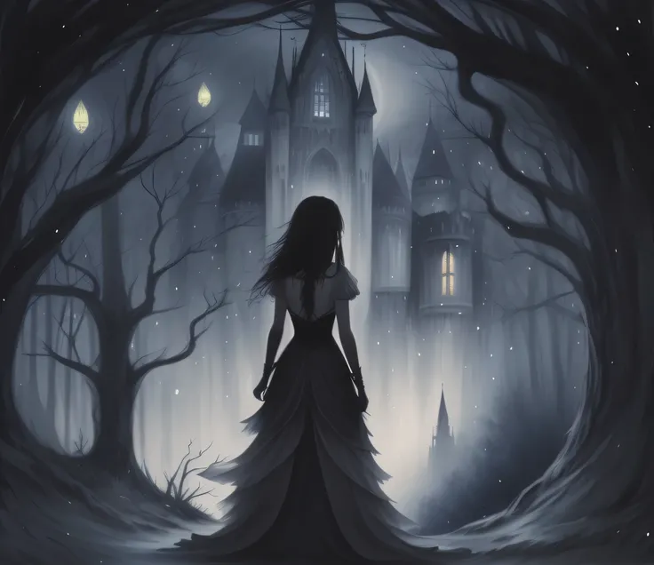 a painting of a woman in a long dress, die vor einem Schloss steht, magischer Realismus und dunkle Fantasie, Beguilingly beautiful art, Gotische Malerei, dark fairy tale, dunkle Fantasy-Kunst, Kunst im dunklen Fantasy-Stil, Fairytale painting, Hexenmärchen...