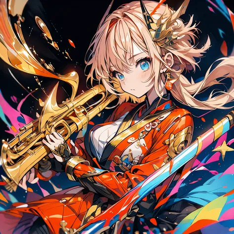 highest quality、masterpiece、anime girl、Brass band club、blow the trumpet、serious face、Upper body、ocher hair