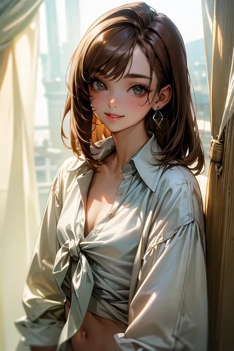 ((Masterpiece)), ((best quality)), (High Definition:1.3), (Professional Photography:1.2), 1girl, cute teenage girl, pale brown hair, (flat chest), curtains, earrings, cute smile, jewelry, lips, looking at viewer, white shirt, solo, ((tied shirt)), cleavage...