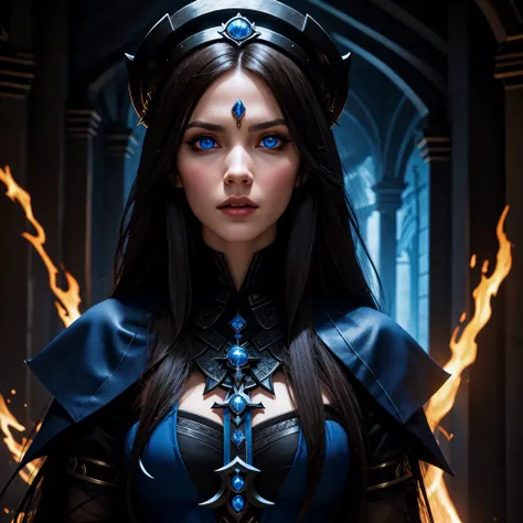 "Close Up : Hyperréalistic : A very beautiful brunette with blue eyes evil priestess , in black nightgow, hypnotized in an evil temple by a black hideous clawed monster"