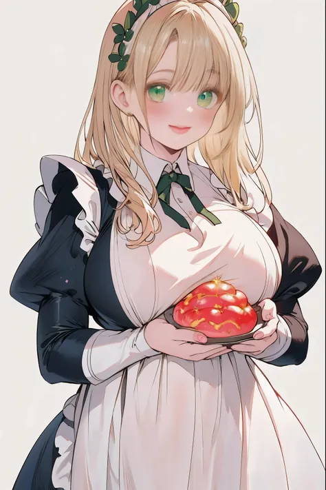 (best quality, masterpiece, highres),1girl,solo, sandy blonde hair,blush, green eyes, blush, juicy lips, glossy skin, glittery eyes, doll eyes,  , smiling, fat juicy tits, fat juicy ass, juicy lips, maid outfit, flower crown, pink highlights on maid outfit...