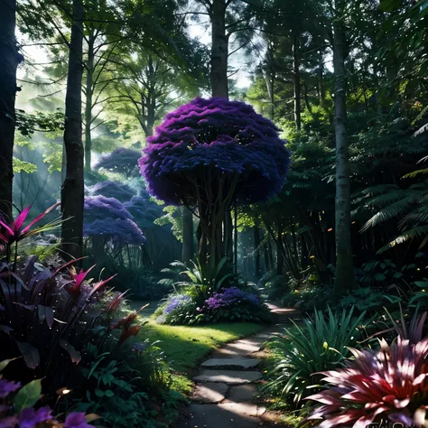 lush forest and plantlife, real, detailed, 8k, highquality, an enchanting and dreamy scene of fantasy/alien forest, creating a sense of mystique and enchantment, lots of blues and purples, depth of field, photorealist, crystals, bright happy colors, daytim...