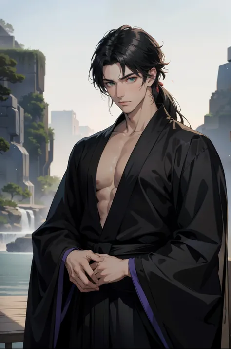 Samurai male, fantasy world, dark background, epic, silhouette, hyper detailed intricate details, fantasy, intricate details, complementary colors, Fantasy concept art, 8k resolution, oil painting, (((handsome young man))), ((man:1.5) ), ((green eyes)), ((...