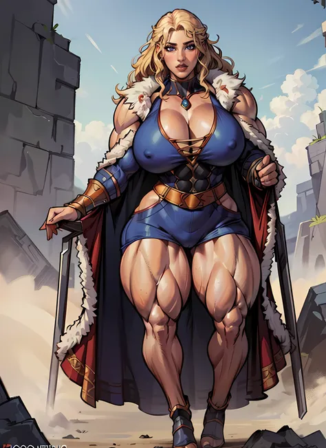 beautiful woman, viking warrior, (wide hips), ((Huge breasts)), (long legs), ((Massive Female Bodybuilder)), (((Muscular Legs))), ((((Huge Muscles)))), fur cloak, armor, blonde hair, wavy hair, (closeup, portrait shot), (solo), realistic