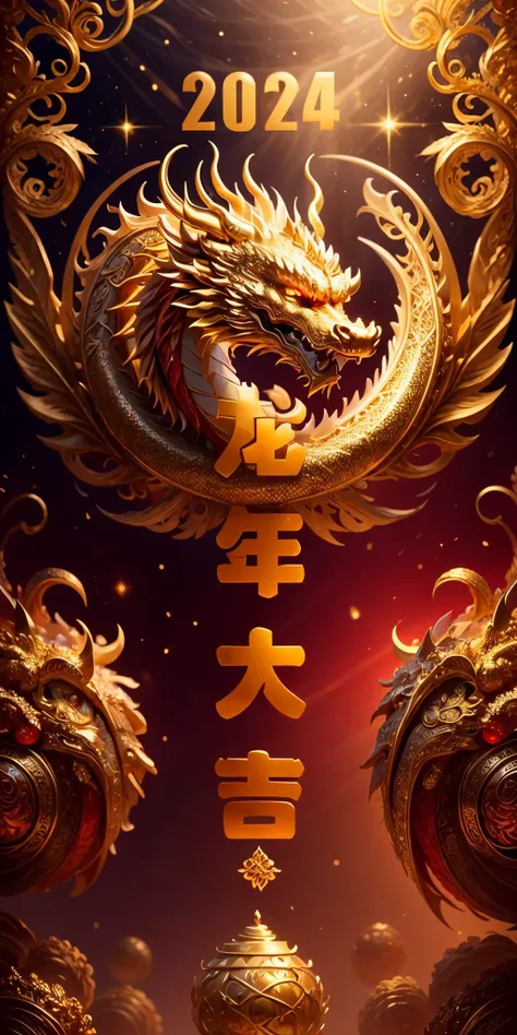 red background, (pure golden chinese dragon occupying a coner of the picture), embellished with chinese new year elements,scatte...