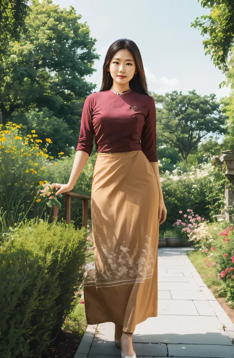 highly detailed humation, best quality masterpire, I yat, long han, koering and looking at the viru, dape Face, bright orange acmm long skirt, printed skirt, garden background