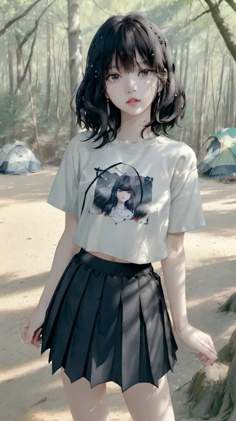 ((Lisa, BLACKPINK)), t-shirt, Tiny pleated skirt, black waist-length tights, high heels, close-up of face, Full body shot, very fair skin, short hair, wavy hair, camping, forest, photorealistic , indirect lighting, Volumetric Light, ray tracing, hyper-deta...