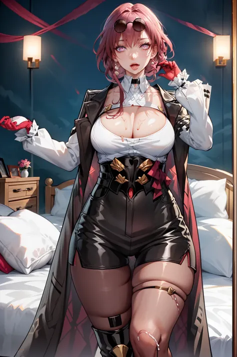 Hot mom，独奏，（：1.3），thick thight，upper legs，Wide buttock，dent in the skin，Double tail，curlies，ssmile，cheerfulness，（Red latex apron：1.2），cparted lips，plumw，exposed midriff，protruding areolas，gigantic cleavage breasts，4K，realistic humid skin，Armpits，Large curv...