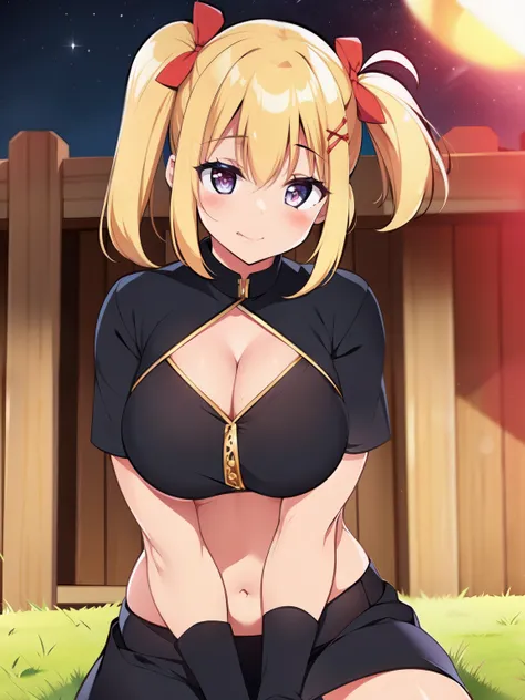 harem outfit, 1girl, side ponytail, star-shaped pupils, licking lips, cowboy shot, masterpiece, high quality, best quality
