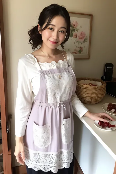 wavy hair, white lace apron、