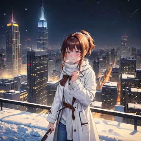 ((snowy night)) 、city、city、Skyscraper、OL,20-year-old、,Are crying、long white coat、jeans、1 girl, princess cut、princess cut, bob cut、medium hair、ponytail、reddish brown hair ;that&#39;It&#39;s snowing、standing pose、Are crying姿、view audience、Beige knit sweater、