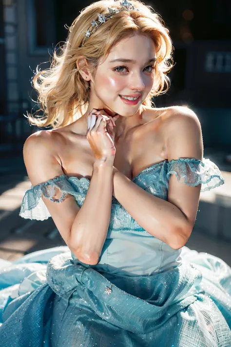 highest quality, masterpiece, ultra high resolution, (realistic:1.4), RAW photo, 1 girl, blue dress, Fluffy dresses, Dance，Cinderella, glowing skin, light smile，blonde