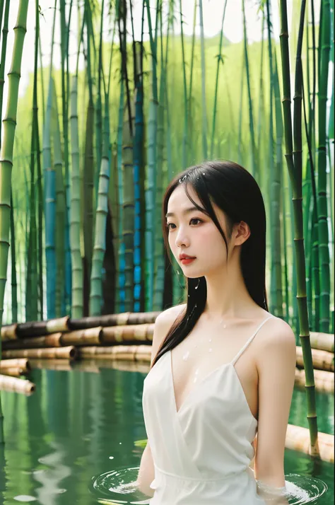 negative space, shuimobysim, girl, woman,bare shoulders, (ecchi0.5), lips, water splash, (trees:0.5), (flowers:0.6) ,(birds:0.2), (bamboo0.1), lakes, Hangzhou, bonian, bonian in background   