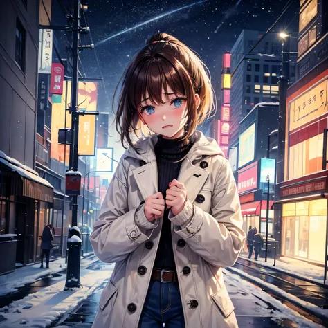 ((snowy night)) 、intersection、city、in the city、Skyscraper、OL,20-year-old、,Are crying、long white coat、jeans、1 girl, princess cut, bob cut、medium hair、ponytail、reddish brown hair 、that&#39;that&#39;It&#39;s snowing、standing pose、Are crying姿、view audience、Bei...