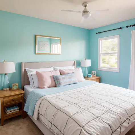 Bright and welcoming bedroom scene with a neatly made bed adorned with plain pillows.