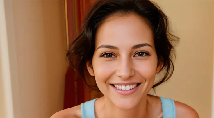 mulher sorridente, retrato de close-up de rosto inteiro, cabelos ondulados sem maquiagem, smiling happily at camera, retrato frontal, retrato de rosto inteiro, ,Mulher na casa dos 40 anos, facing the camera Woman with white skin and dark hair. ela tem cerc...