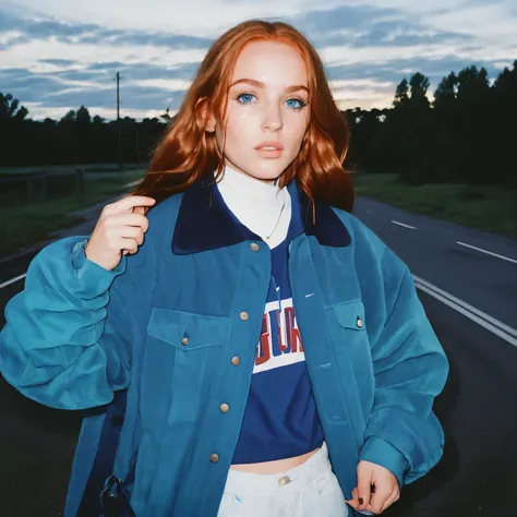 Фото со вспышкой 90-х, EMPTY ROAD, beautiful girl in a blue oversized sports jacket, serious face, in front of the camera, Best quality, masterpiece, raw photo, photo from the film, Textured leather, goosebumps, Red hair, Perfect eyes