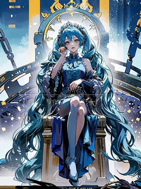 1 girl, Hatsune Miku, Princess outfit, crown, Kaneko, ((throne)), in a castle, middle Ages, Wearing a blue vest, one foot on the ground, The calf of the other foot is turned outwards, one hand holding microphone, The other hand crossed the blue fields betw...