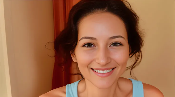 mulher sorridente, retrato de close-up de rosto inteiro, cabelos ondulados sem maquiagem, smiling happily at camera, retrato frontal, retrato de rosto inteiro, ,Mulher na casa dos 40 anos, facing the camera Woman with white skin and dark hair. ela tem cerc...