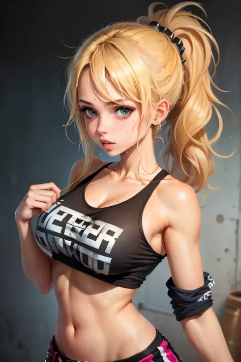 (1girl), medium breasts, tan, dewy skin, sweaty skin, wavy blonde hair, punk tshirt, punk girl