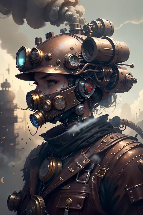 American woman of serious expression, with a steam mask on his head, Portrait of a mechanical American woman, its not anime, Arte digital 4K realista, Arte digital 4K realista, Wojtek FUS, Arte digital altamente detalhada em 4k, Cyber Steampunk 8K 3D, arte...