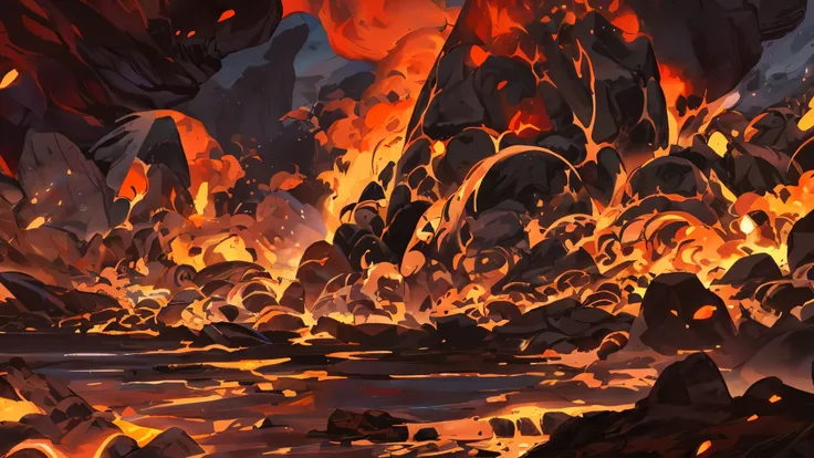 Close-up of a fire with rocks and lava in the background, Just Bartel, background art, background artwork, volcanic embers, hell background, Noah Bradley. sharp focus, 4k detailed digital art, Background of the volcano workshop, Noah Bradley, Fire lava, No...