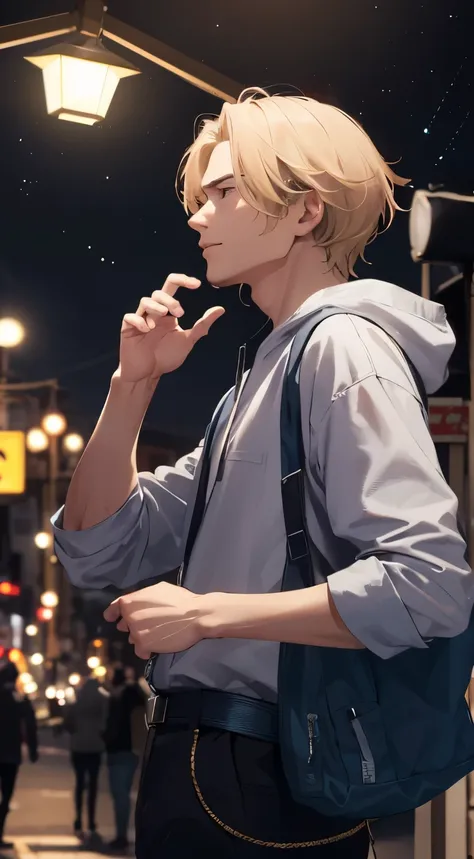 a man stands under a street lamp and looks at the stars, 20 years, lean, night, the lantern is on, man looking at the stars, pose with head thrown back, baggy clothes, side view, blond tousled hair, cinematic quality, Best quality, masterpiece, tired expre...