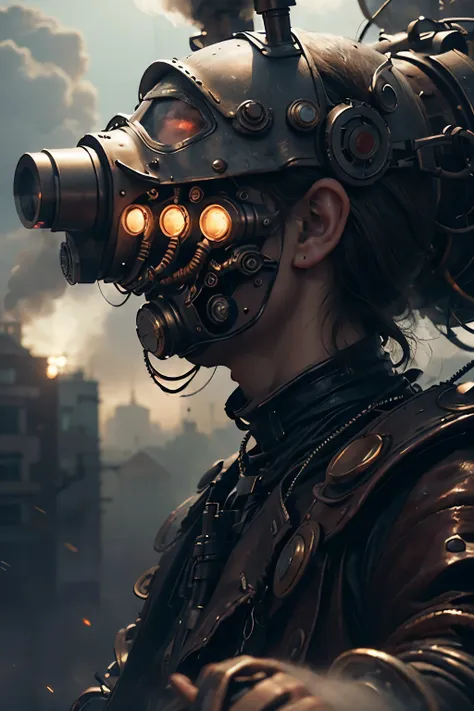 American man of serious expression, with a steam mask on his head, Portrait of a mechanical American woman, its not anime, Arte digital 4K realista, Arte digital 4K realista, Wojtek FUS, Arte digital altamente detalhada em 4k, Cyber Steampunk 8K 3D, arte s...