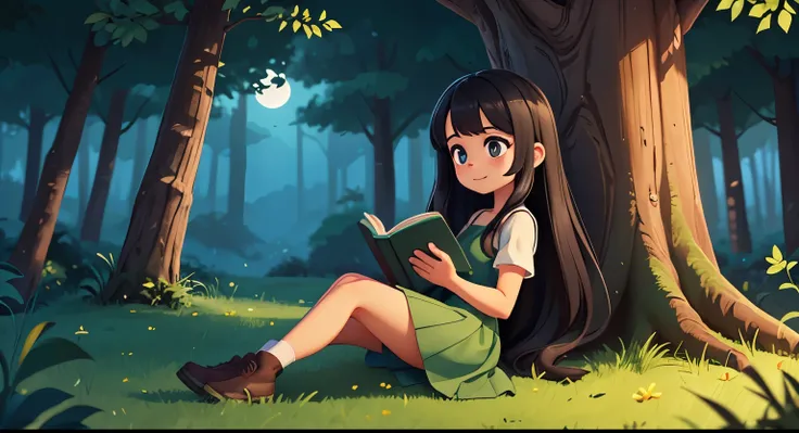 A cute kawaii girl reading a book, black long hair , in a forest, night time, green dress, leaning against a tree